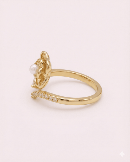 Rose & Pearl - anillo ajustable de rosa, perla y brillantes, enchapada en oro 14k - Podios