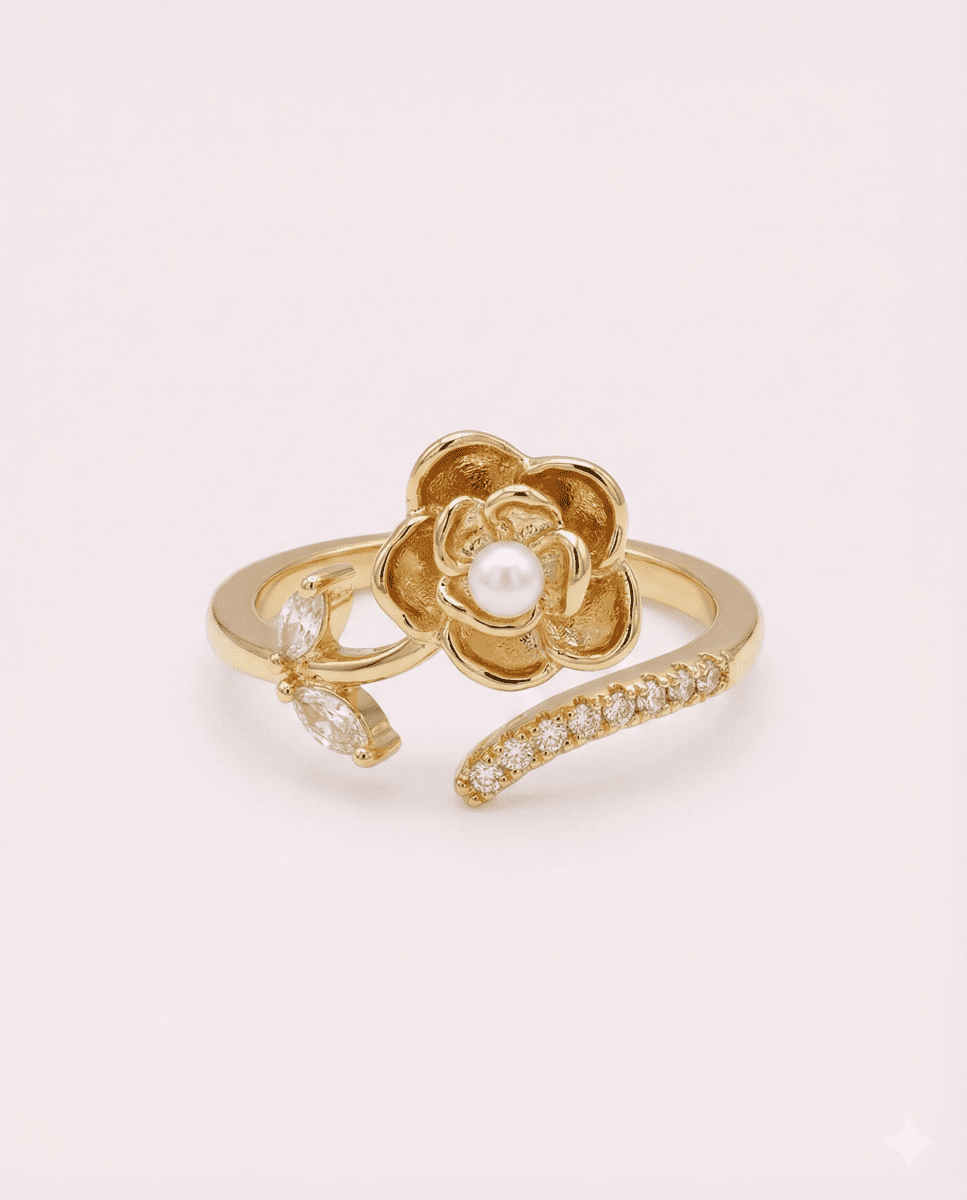 Rose & Pearl - anillo ajustable de rosa, perla y brillantes, enchapada en oro 14k - Podios