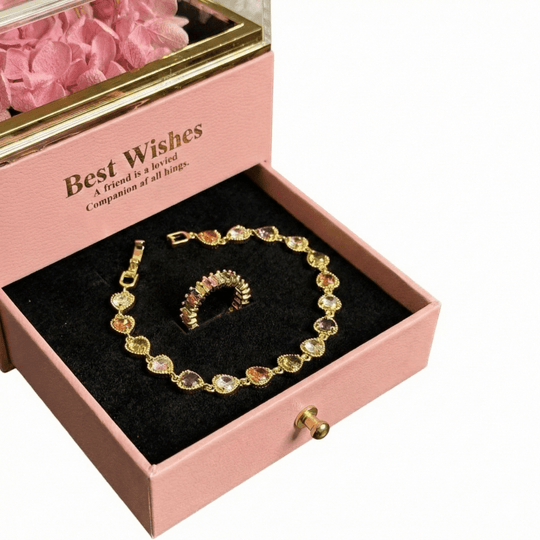 Set arcoiris en caja musical de rosas - Pulsera y anillo con circones de colores - Podios