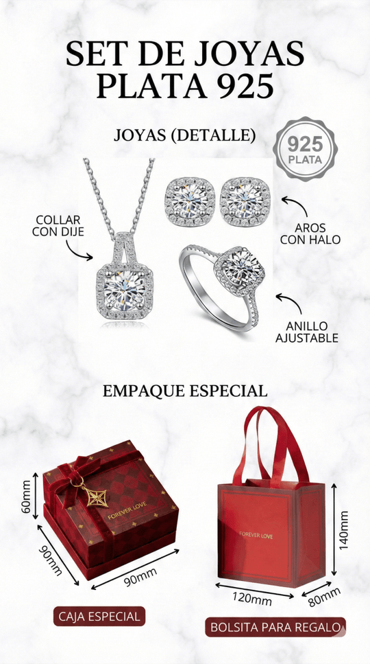 Set Forever Love - Regalo único con collar, aros y anillo ajustable en Plata 925 - Podios