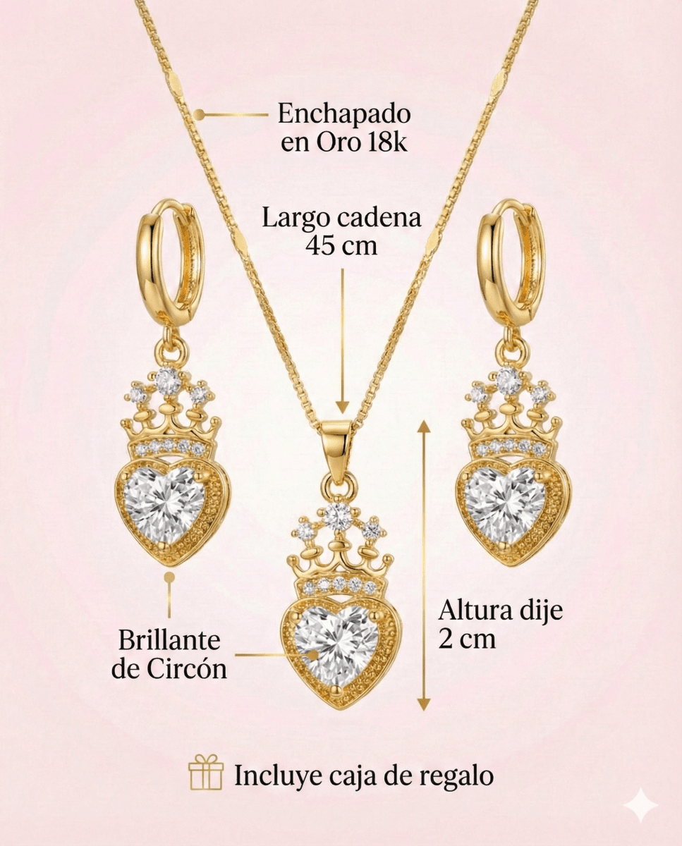 Set Royal Heart™ Conjunto de collar y aros enchapados en oro 18k con circonita cúbica - varios colores - Podios