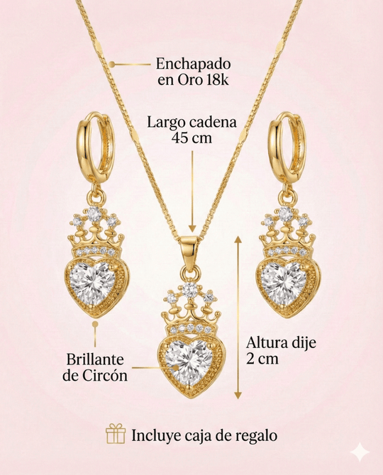 Set Royal Heart™ Conjunto de collar y aros enchapados en oro 18k con circonita cúbica - varios colores - Podios