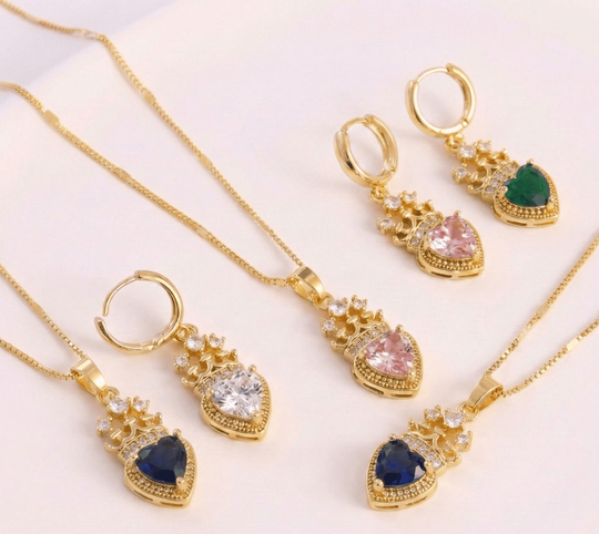 Set Royal Heart™ Conjunto de collar y aros enchapados en oro 18k con circonita cúbica - varios colores - Podios