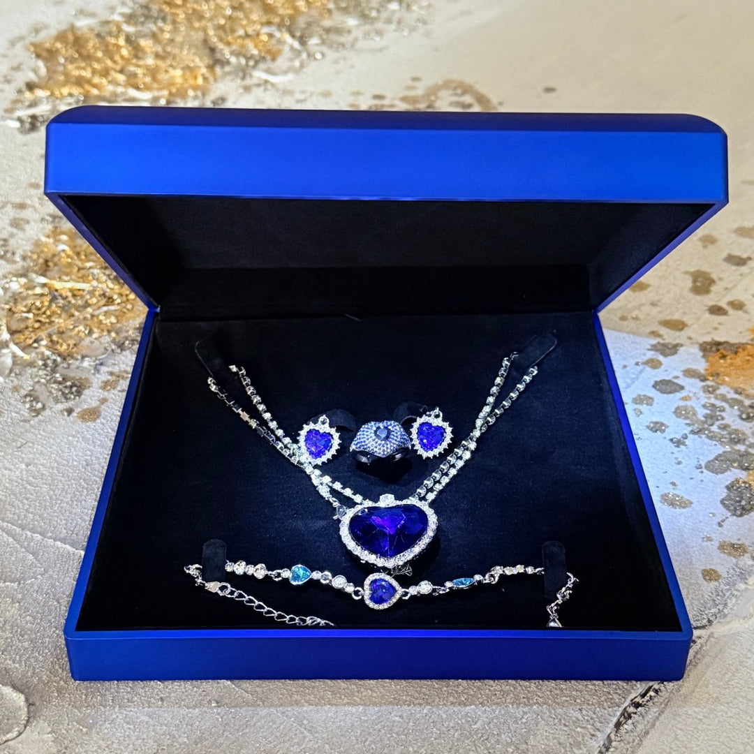Set Titanic Blue 4 Seas: collar, anillo, pulsera y aros de circón en estuche luz LED - Podios