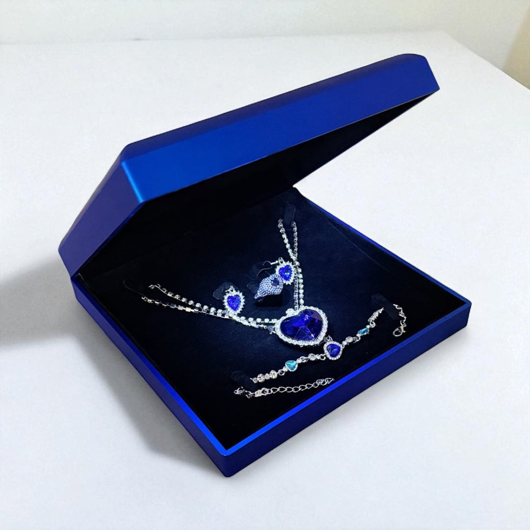 Set Titanic Blue 4 Seas: collar, anillo, pulsera y aros de circón en estuche luz LED - Podios