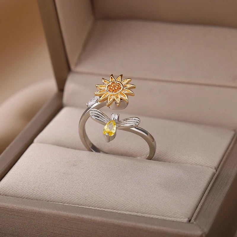 Spring and light™ - Anillo de girasol giratorio de Plata 925 ajustable - Podios