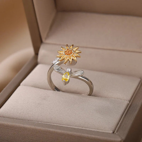 Spring and light™ - Anillo de girasol giratorio de Plata 925 ajustable - Podios