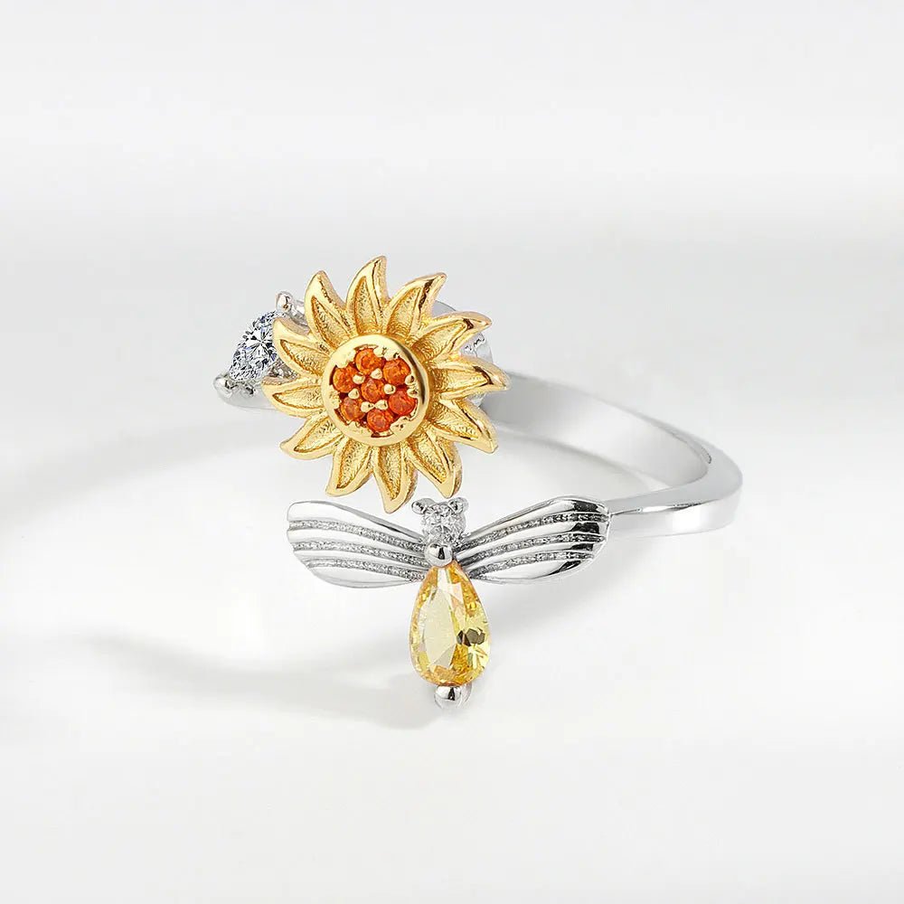Spring and light™ - Anillo de girasol giratorio de Plata 925 ajustable - Podios