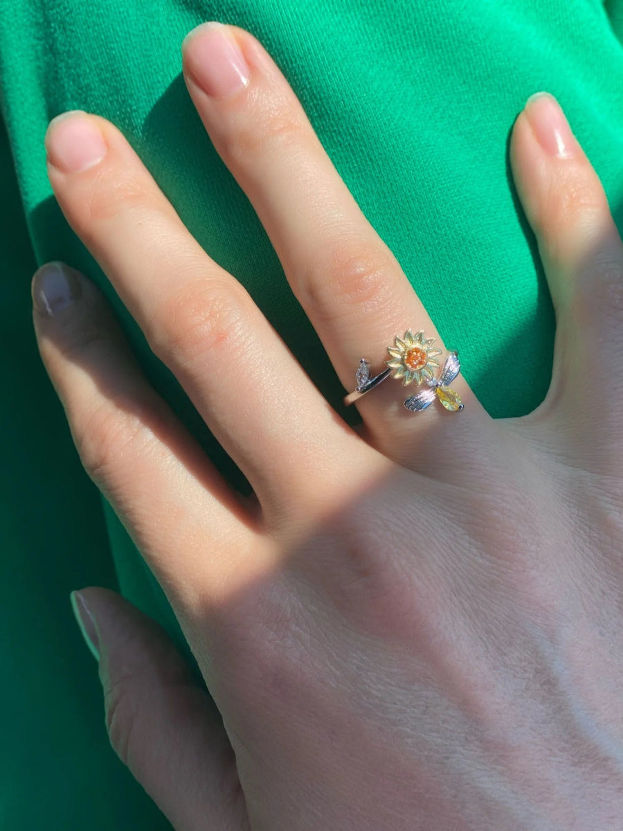 Spring and light™ - Anillo de girasol giratorio de Plata 925 ajustable - Podios