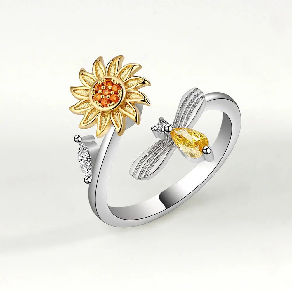 Spring and light™ - Anillo de girasol giratorio de Plata 925 ajustable - Podios