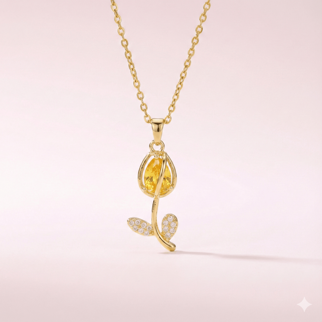 Tulipe et Couleur Collection - collar de tulipán rojo enchapado en oro 14k con cristales - Podios