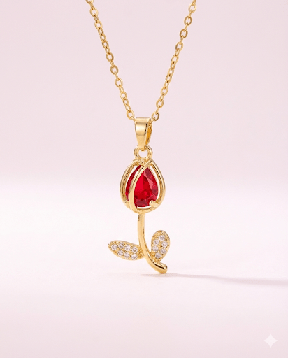 Tulipe et Couleur Collection - collar de tulipán rojo enchapado en oro 14k con cristales - Podios