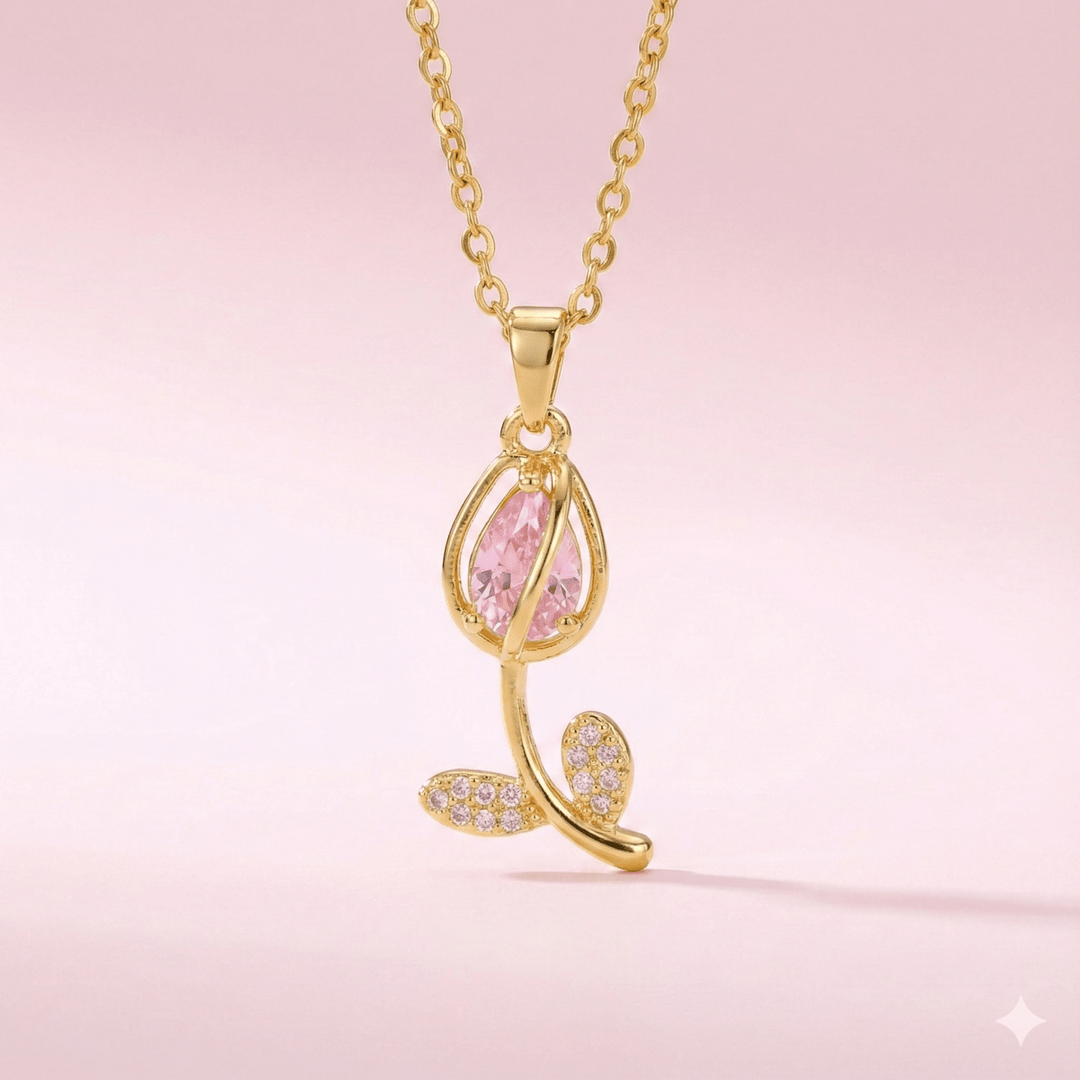 Tulipe et Couleur Collection - collar de tulipán rojo enchapado en oro 14k con cristales - Podios