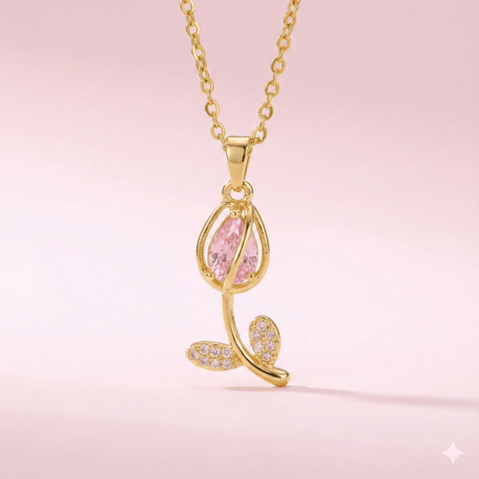 Tulipe et Couleur Collection - collar de tulipán rojo enchapado en oro 14k con cristales - Podios