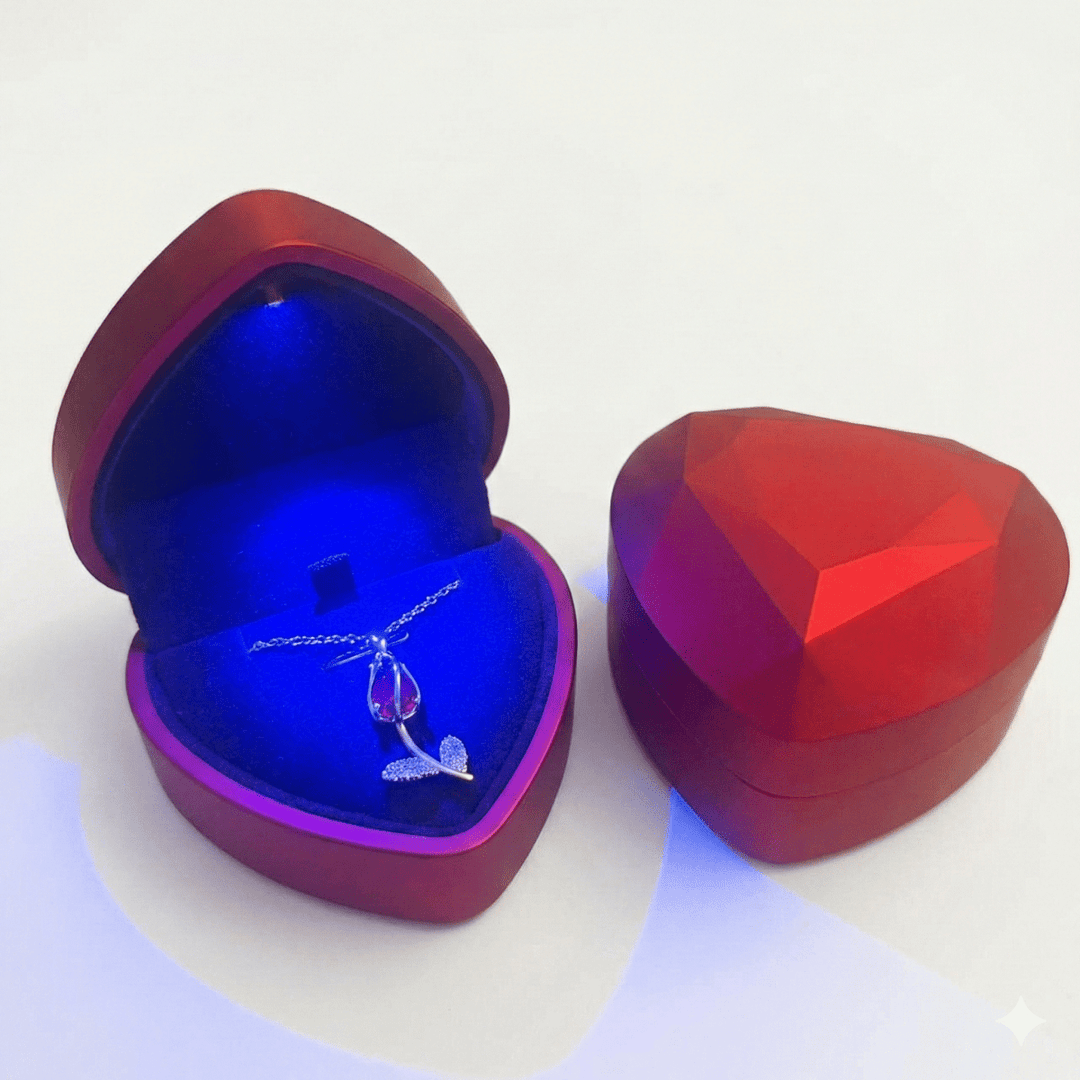 Tulipe et Lumiere - collar de tulipán rojo enchapado en oro 14k con cristales en caja de corazón LED - Podios