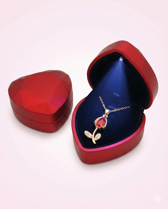 Tulipe et Lumiere - collar de tulipán rojo enchapado en oro 14k con cristales en caja de corazón LED - Podios